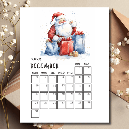 Sarsari Creations' December 2023 printable calendar, showcasing Santa illustration, alongside an envelope and vibrant flowers.