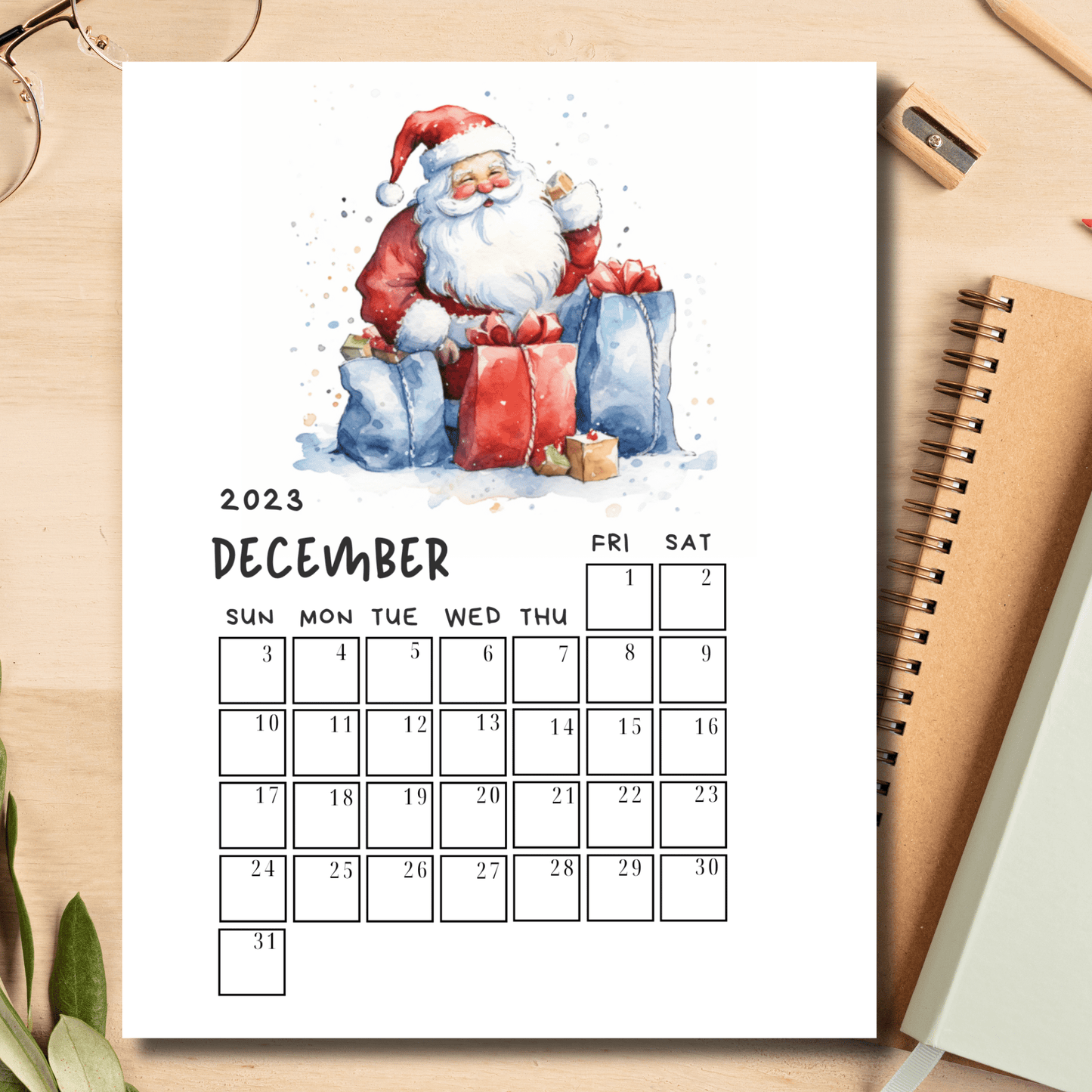 December 2023 printable calendar featuring heartwarming Santa design, paired with coordinating notebooks for festive holiday planning.