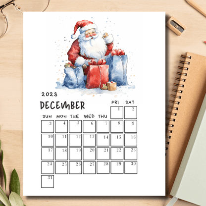 December 2023 printable calendar featuring heartwarming Santa design, paired with coordinating notebooks for festive holiday planning.