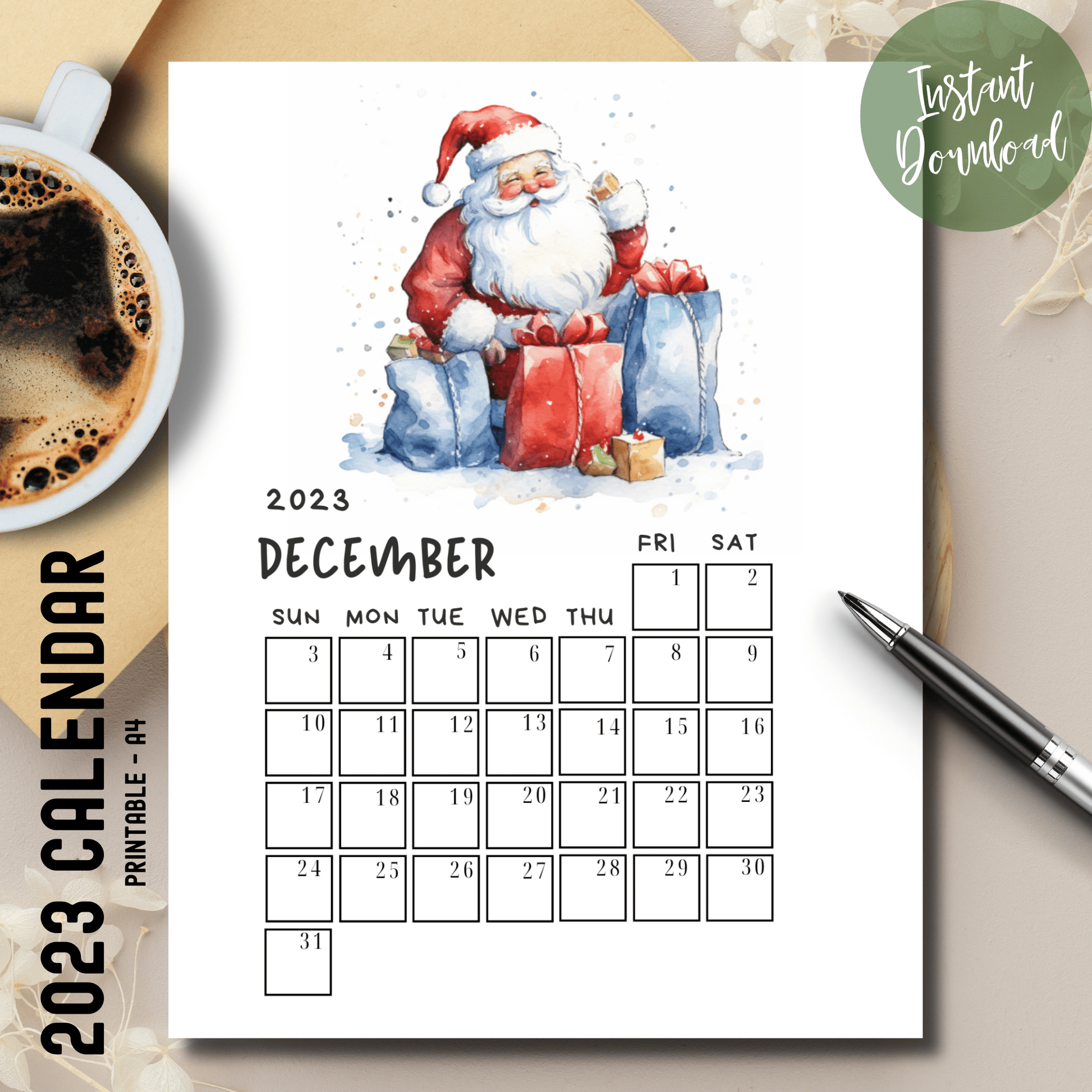 Featured image of Sarsari Creations' December 2023 printable calendar with Santa illustration, displayed on table with coffee and pen