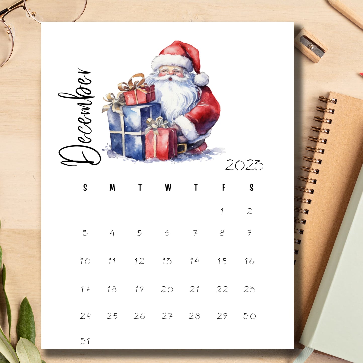 Organize with style using Sarsari Creations’ 2023 December Printable Calendar, featured alongside matching notebooks to seamlessly blend your holiday planning and note-taking.