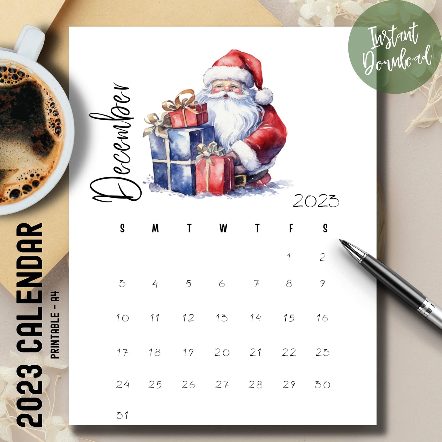 A cozy 2023 December Printable Calendar by Sarsari Creations, laid on a table with a warm cup of coffee and a sleek pen, ready to plan your festive month.