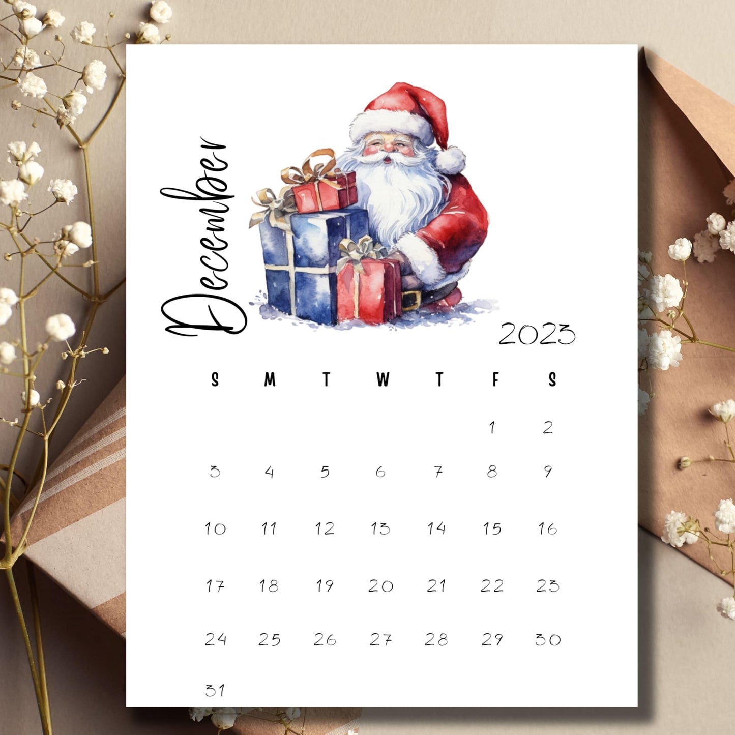 Beautiful Sarsari Creations December 2023 Printable Calendar, adorned with a crisp envelope and vibrant flowers, encapsulating the spirit of the holiday season in every detail.