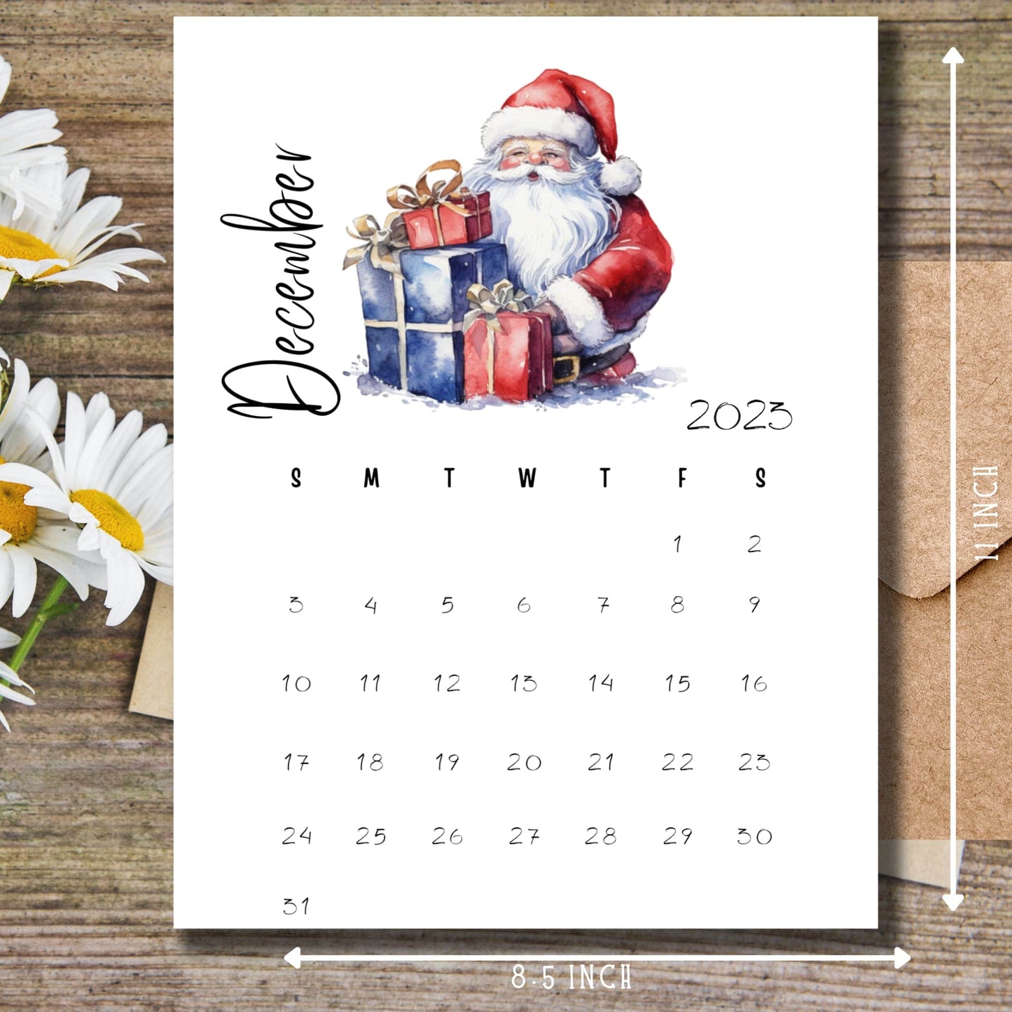 Detailed view of the 2023 December Printable Calendar on a rustic wooden table, showcasing the handy A4 size guide to give a clear understanding of its dimensions.