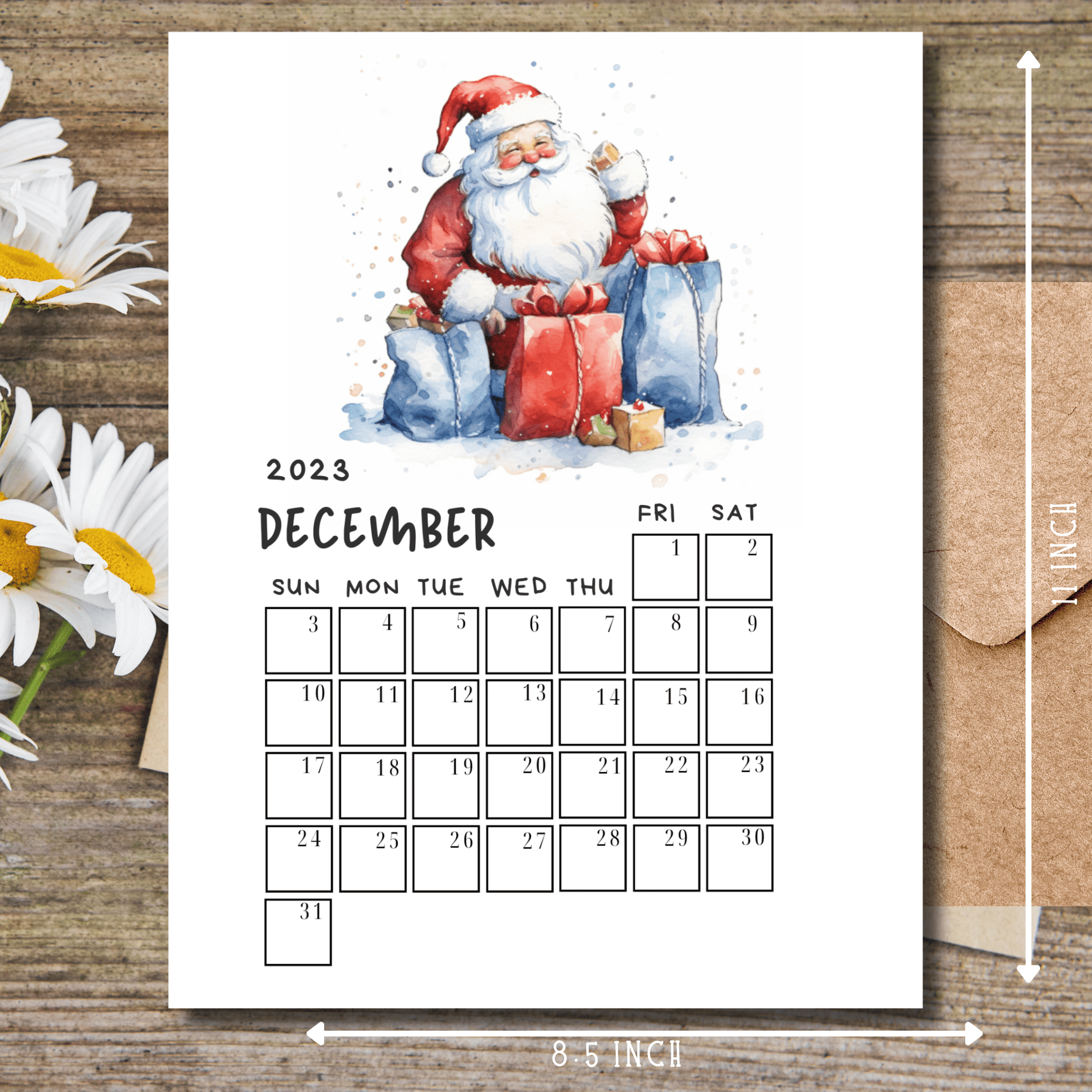 December 2023 printable calendar laid flat on a wooden table, with a size guide to assist with dimensions.