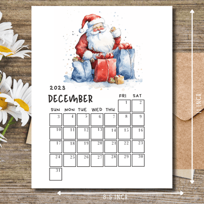 December 2023 printable calendar laid flat on a wooden table, with a size guide to assist with dimensions.