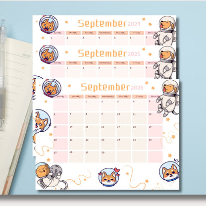 eptember calendars for 2024-2026 with vibrant floral design. Shown with notebook and pen on light blue background, emphasizing organization.