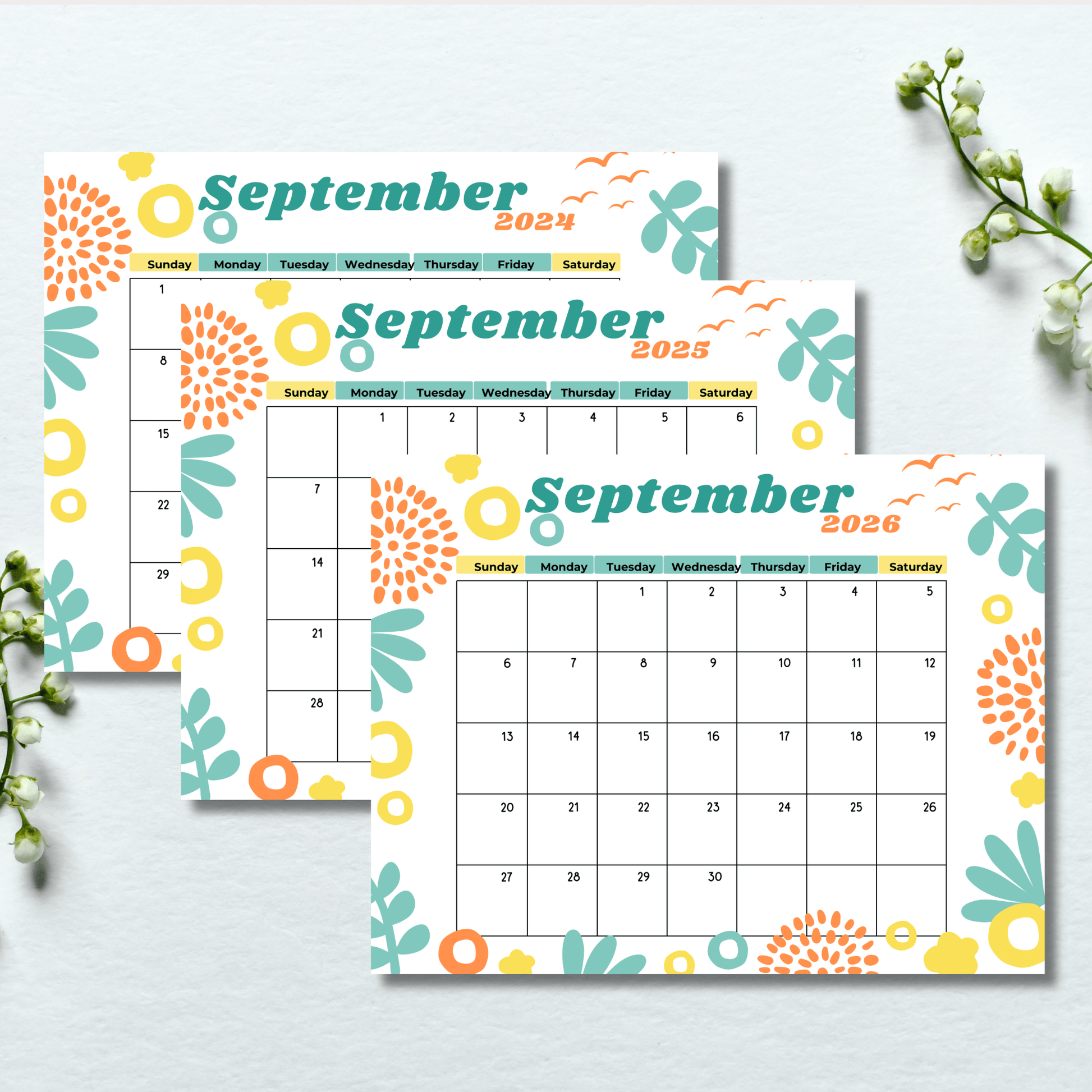 Three September calendars for 2024-2026 with colorful abstract floral design. Displayed with white flowers, showcasing seasonal appeal.