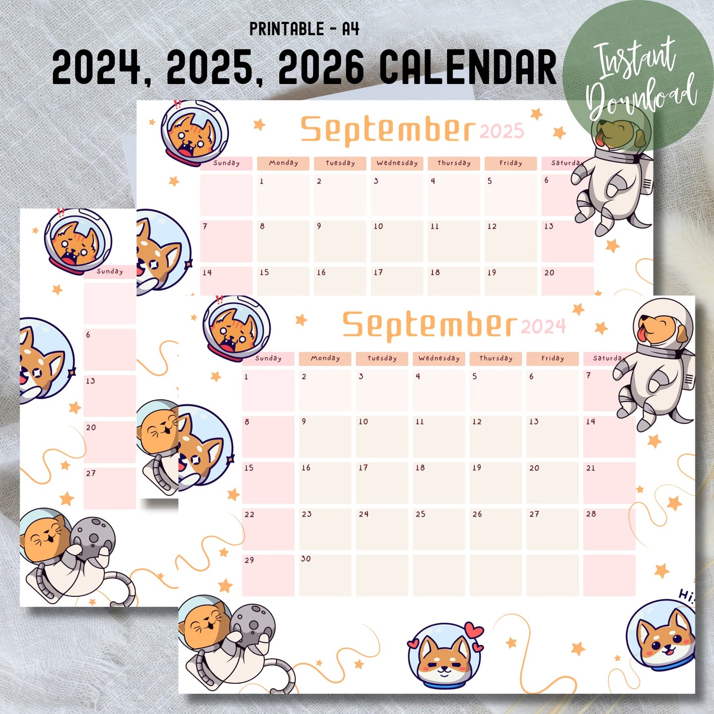 Printable A4 calendars for 2024-2026, featuring September with cheerful floral design. 'Instant Download' highlighted in green circle. Sample months shown."