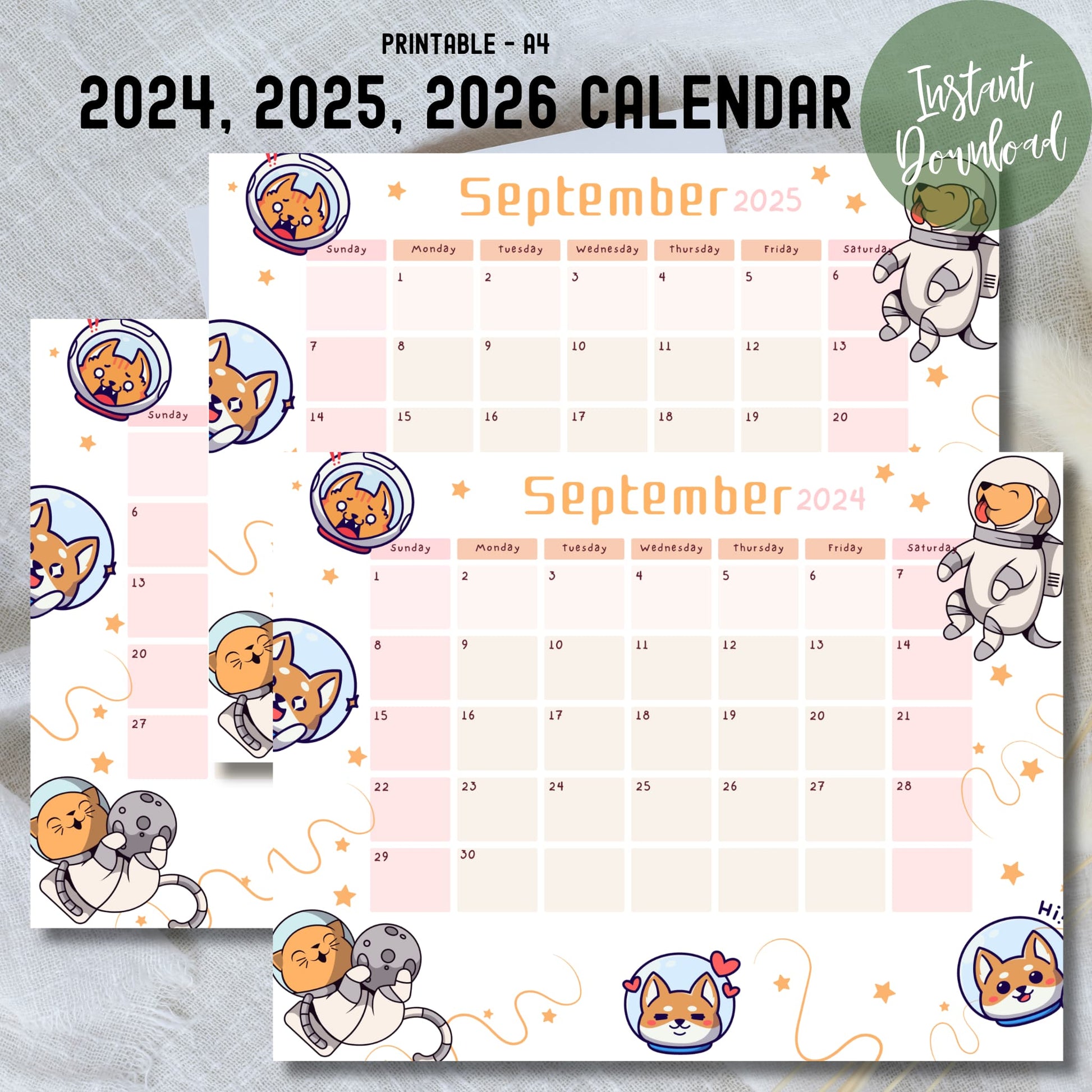 Printable A4 calendars for 2024-2026, featuring September with cheerful floral design. 'Instant Download' highlighted in green circle. Sample months shown."