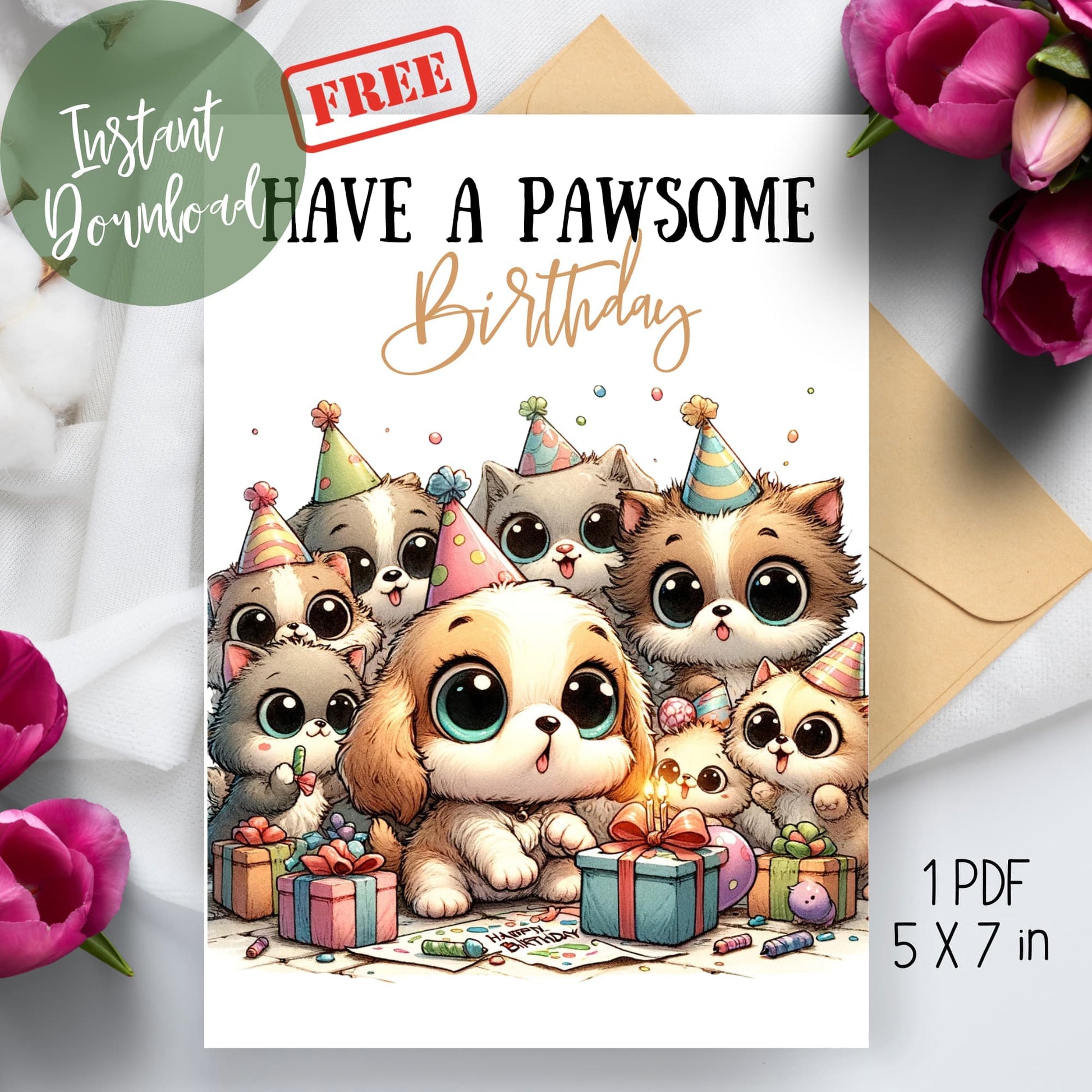 2024 Birthday Greeting Card with adorable puppies, elegantly laid on a white sheet accompanied by an envelope and surrounded by flowers, perfect for a best friend's birthday.