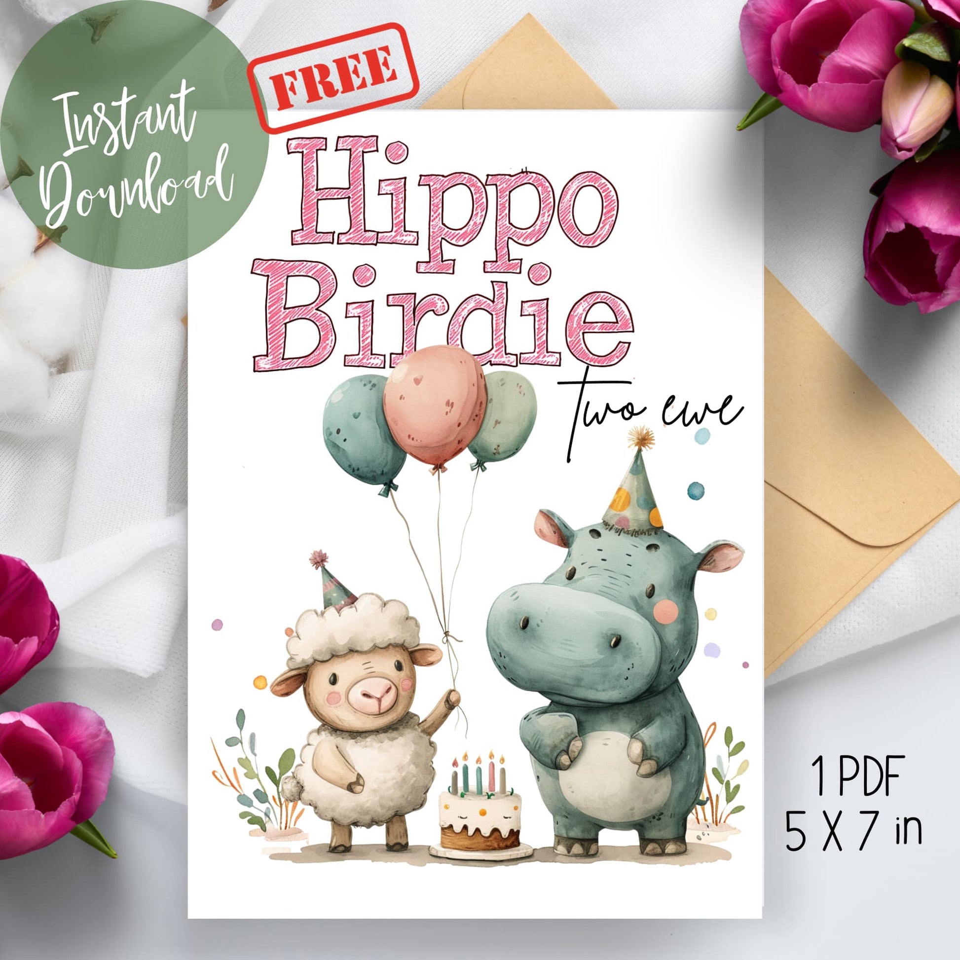 2024 Hippo Birdie Birthday Card for Best Friend, displayed on a white sheet with an envelope and flowers surrounding it.