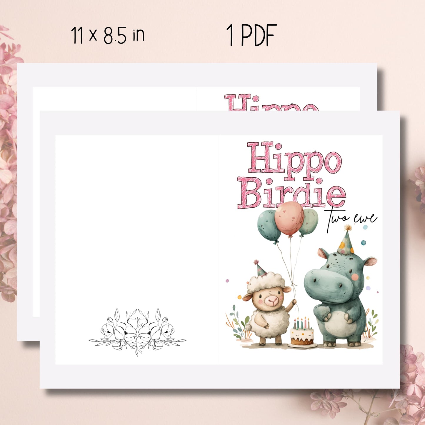Printable 8.5"x11" sheet of the 2024 Hippo Birdie Birthday Card, showcasing the detailed and playful design, ready for instant download and print.