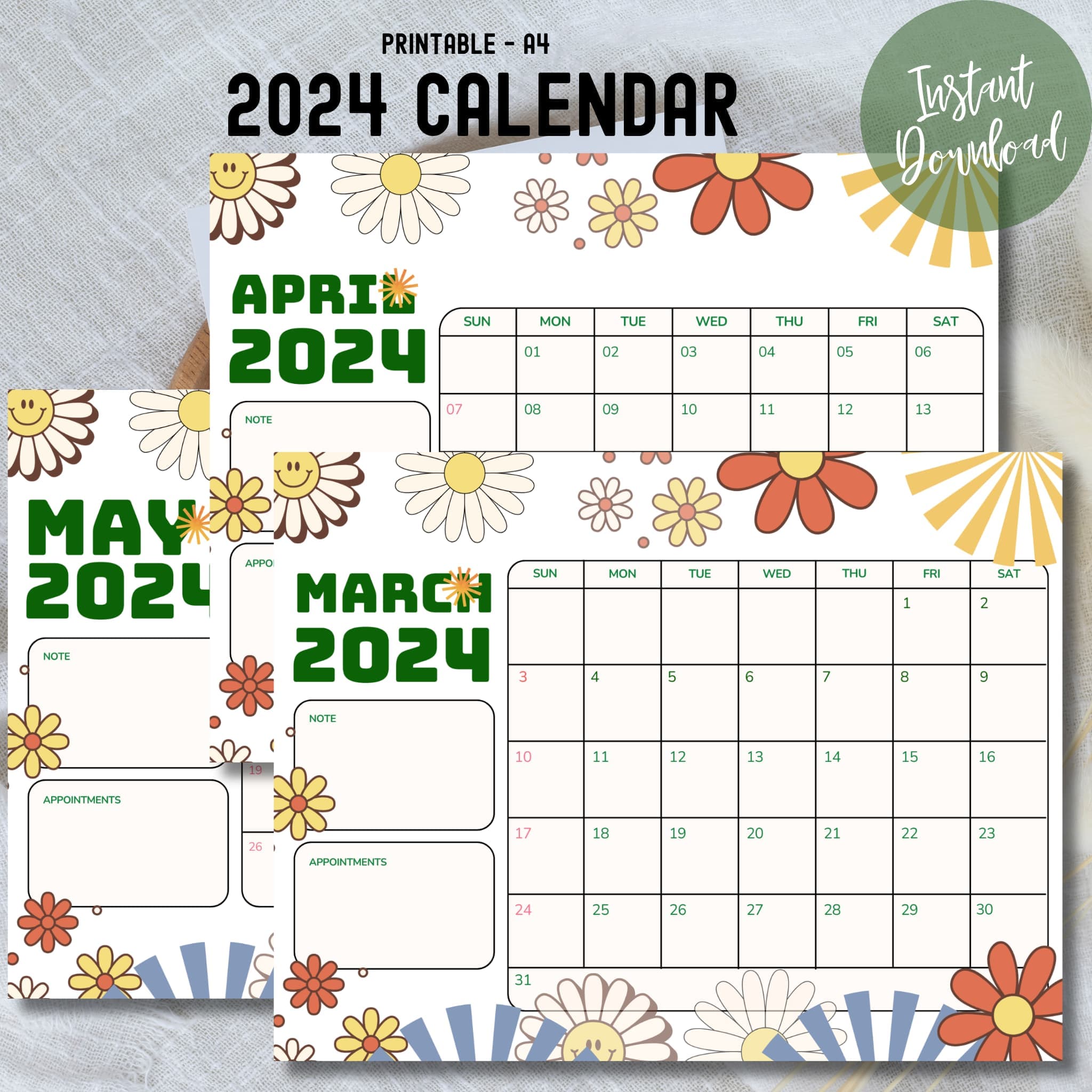 Printable Spring Calendar Free 2024 Retro Calendars for March-May 📆🕰️ | Instant PDF Download ...
