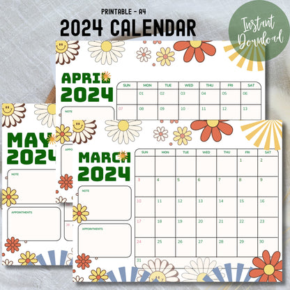 March, April, and May 2024 retro calendar templates printed on a white sheet, showcasing clear visibility and classic design.