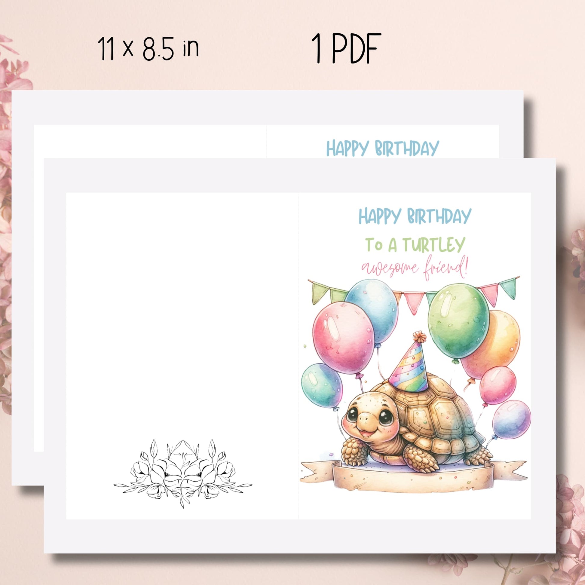 Printable 8.5"x11" Turtely Birthday Card, ready for instant download, showcasing the delightful turtle design, perfect for personalizing a heartfelt birthday message.