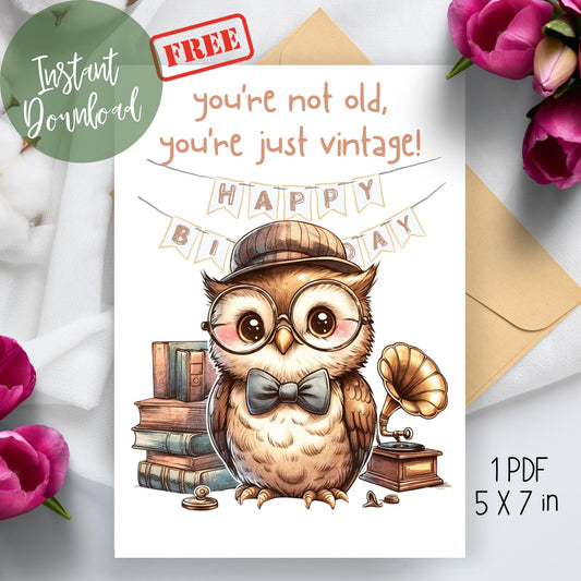 Elegantly displayed 2024 Vintage Owl Birthday Card for Best Friend, laid out on a white sheet with an envelope and surrounded by flowers, showcasing the charm of the 'You're Not Old' theme.