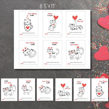 Full 8.5x11 inch sheet featuring six cute dog Valentine's Day cards, designed for easy at-home printing for kids.