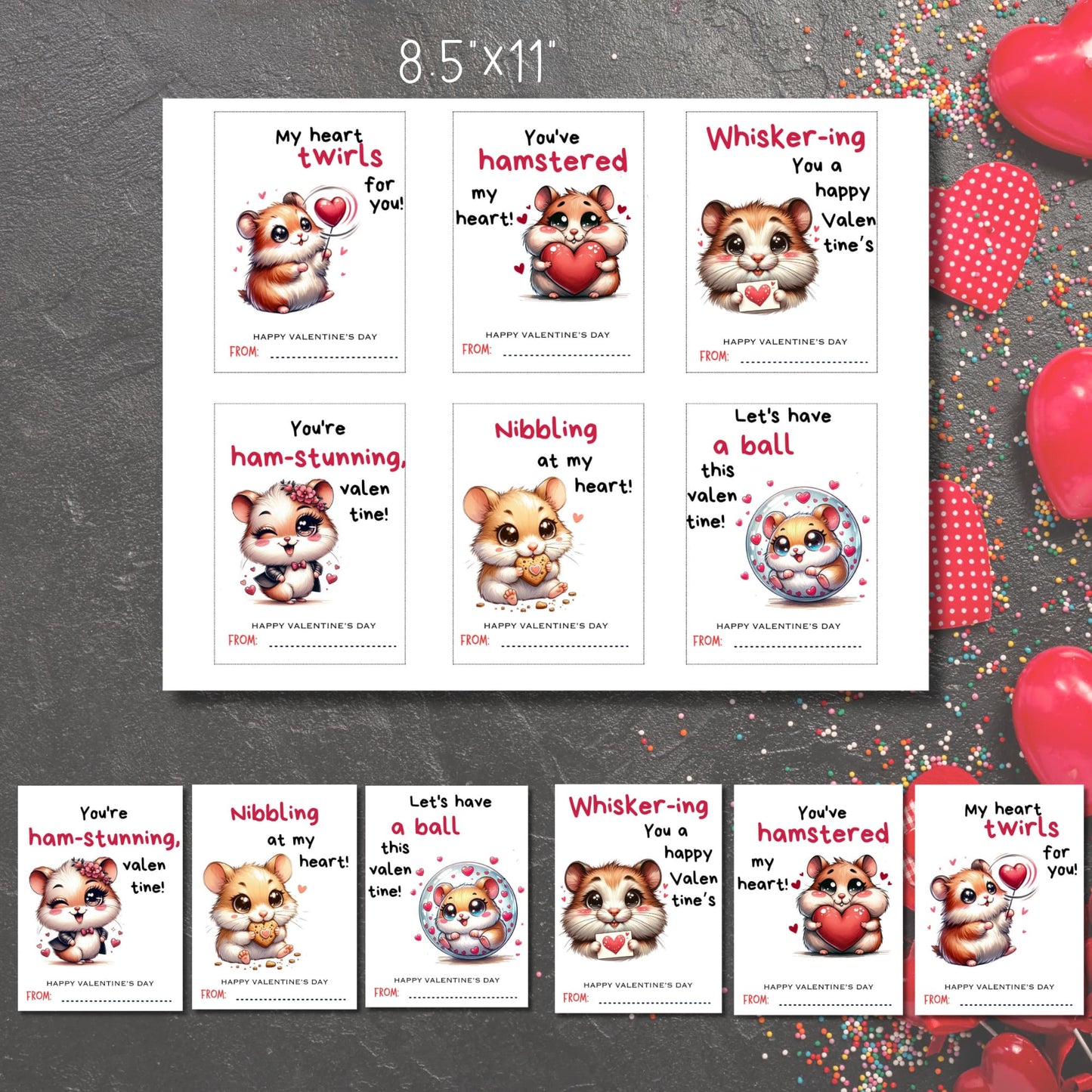 One comprehensive 8.5x11 inch sheet displaying six cute hamster Valentine's Day cards, ready for printing or electronic sharing.