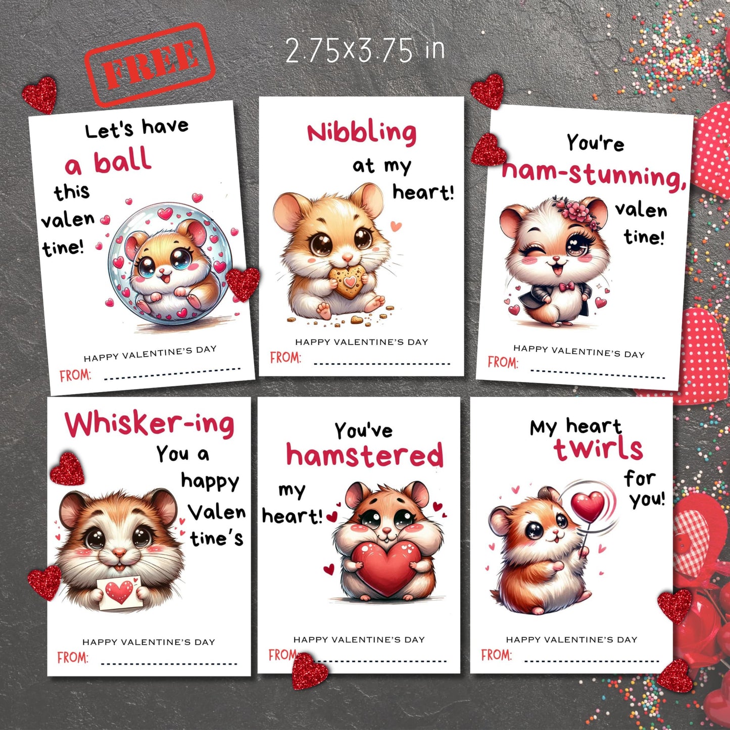Six adorable 2.75x3.75 inch hamster-themed Valentine's cards for kids, showcasing unique designs perfect for sharing with friends