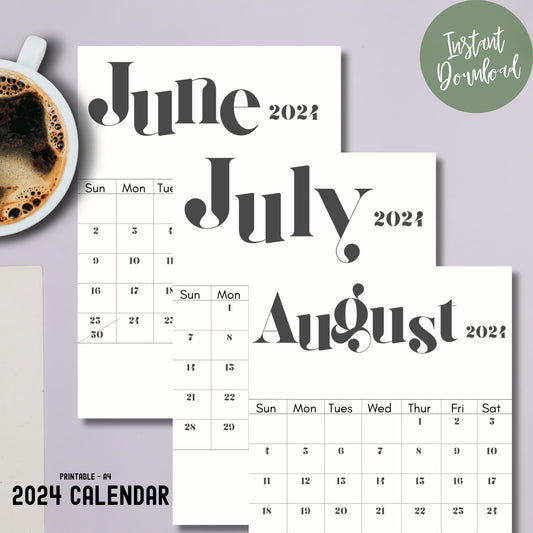 June, July, August Minimalist Monthly Calendar 2024