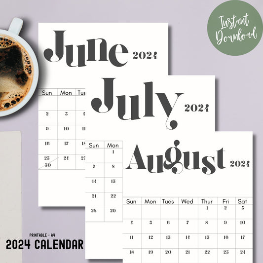 Calendario mensual minimalista de junio, julio y agosto de 2024