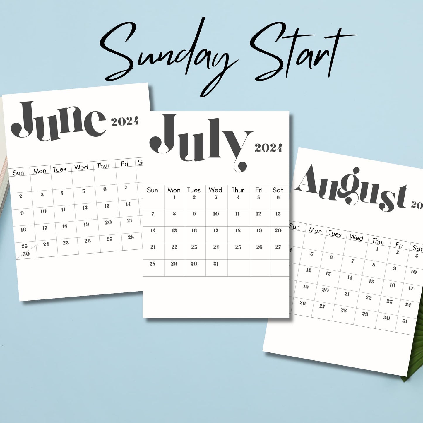 June July August printed 2024 calendar sheet with a sunday start