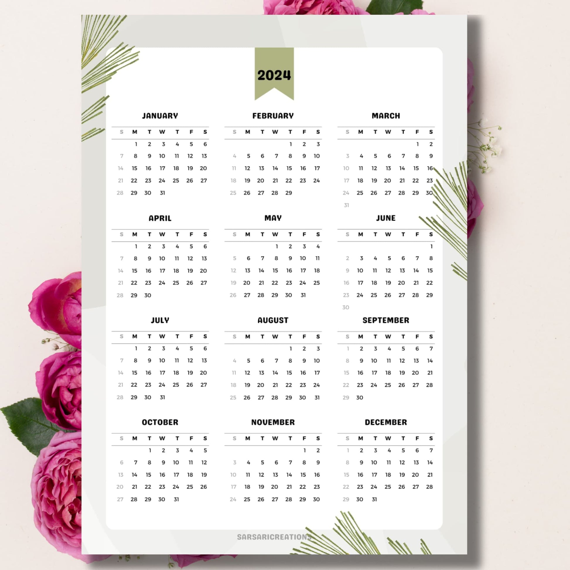 Nature-themed 2024 calendar on beige background with pink peonies.