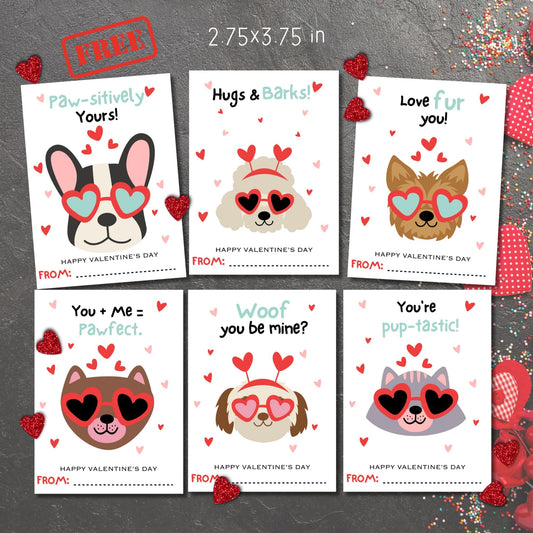 Six adorable 2.75x3.75 inch Puppy Dog Valentine Cards for 2024, perfect for kids to exchange and celebrate Valentine's Day with a touch of canine charm.