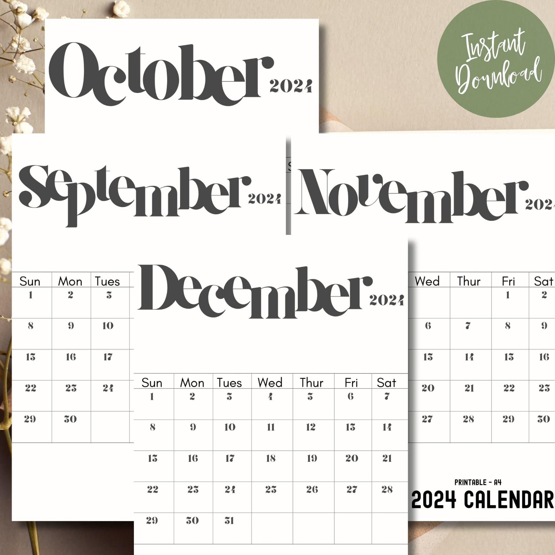 September, October, November, December 2024 printable calendar on a beige background banner image.