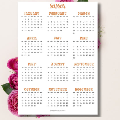2024 yearly calendar in professional style on beige background with pink peonies.