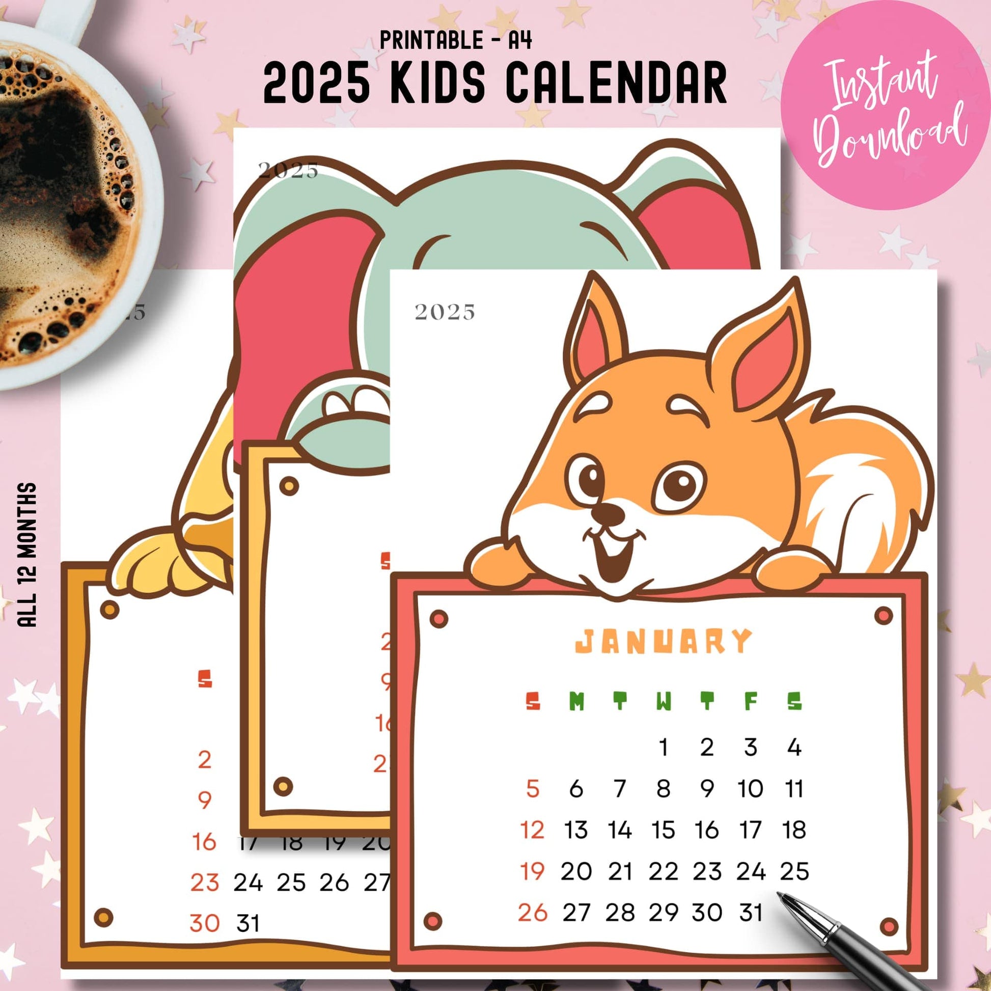 2025 Animal Calendar preview showing January with fox and elephant pages. A4 printable format with Sunday start design, instant download badge, sample calendar grid layouts on pink background.