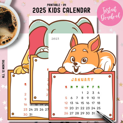 2025 Animal Calendar preview showing January with fox and elephant pages. A4 printable format with Sunday start design, instant download badge, sample calendar grid layouts on pink background.