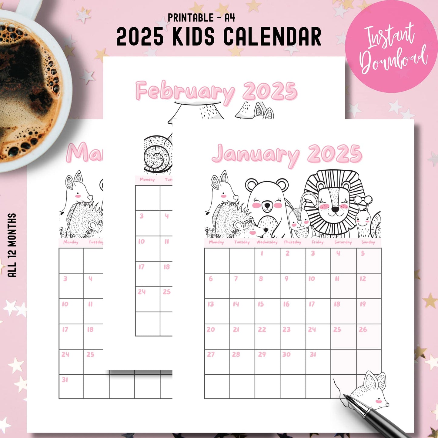 2025 Kids Calendar preview showing January and February pages with woodland animals line art. A4 printable with Monday-start design and instant download badge.