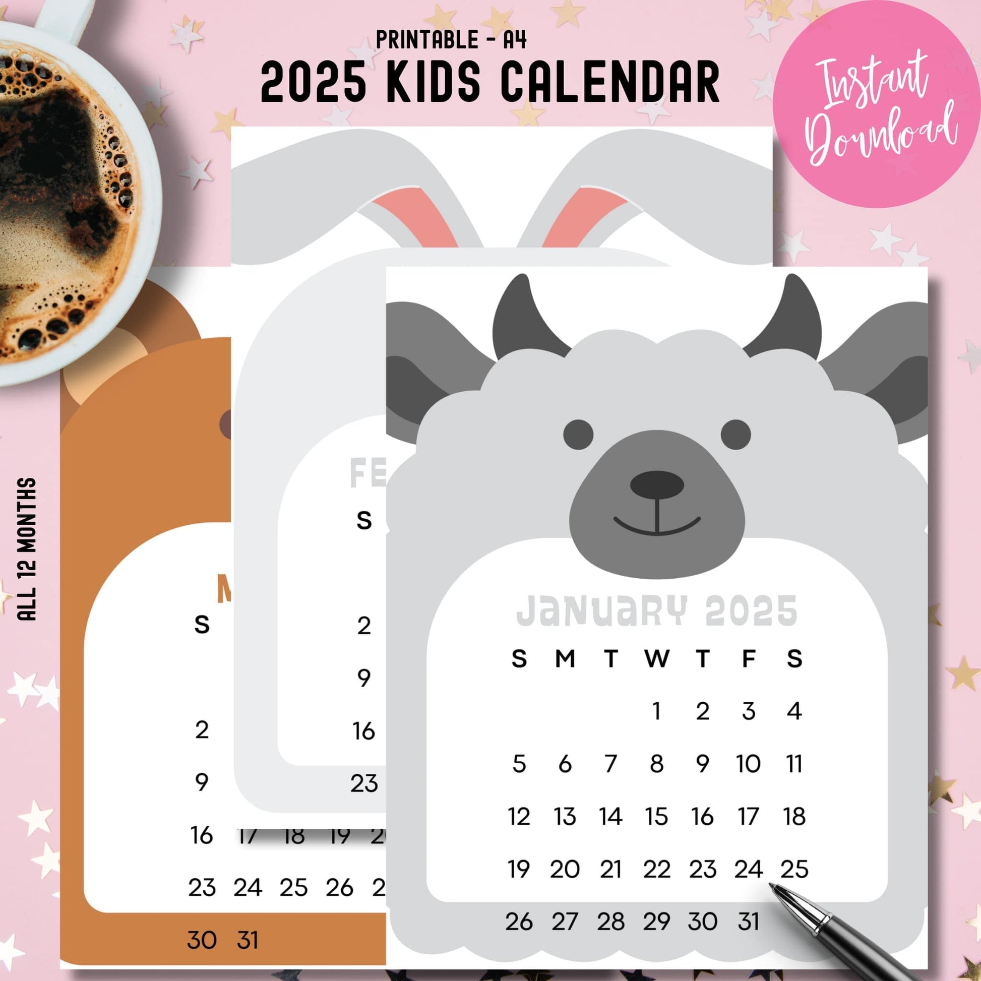 2025 Animal Characters Calendar preview showing January lamb and February bunny pages. A4 printable format with Sunday start design and instant download badge.