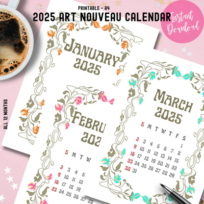 Printable 2025 calendar preview showing January, February, and March pages with seasonal colored floral borders, Art Nouveau typography, and A4 format indicator