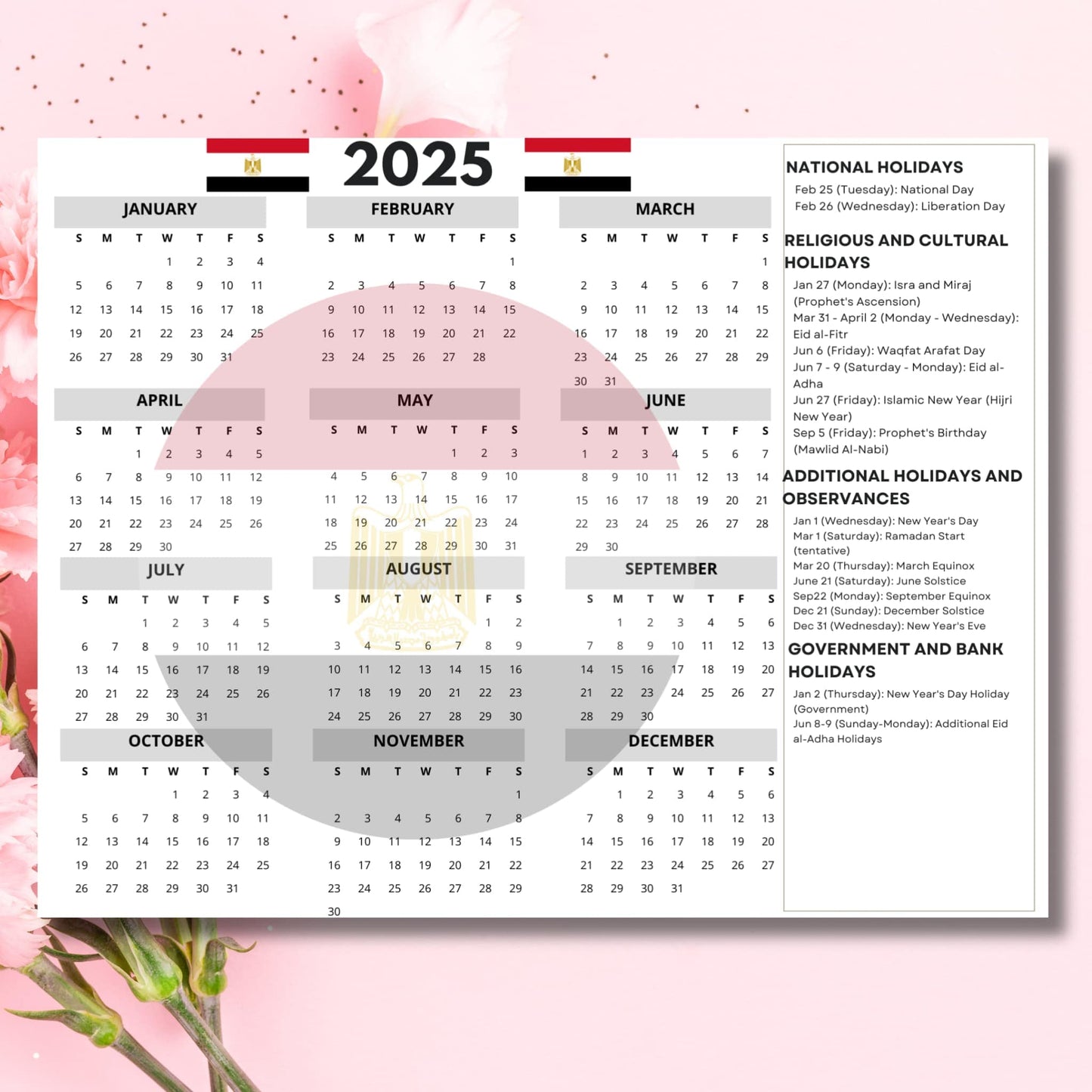 complete 2025 Egyptian yearly calendar with national flag, religious holidays and observances, including Islamic and cultural dates, styled with pink rose background