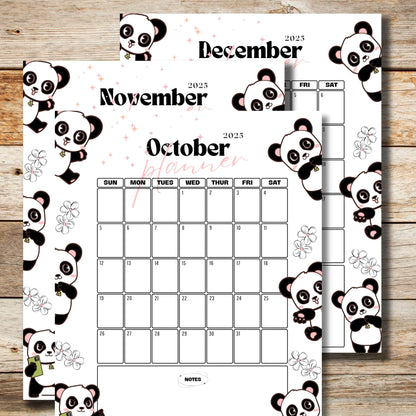 October to December 2025 calendar pages decorated with cute panda bears, pink stars, and floral accents, perfect for school and work planning