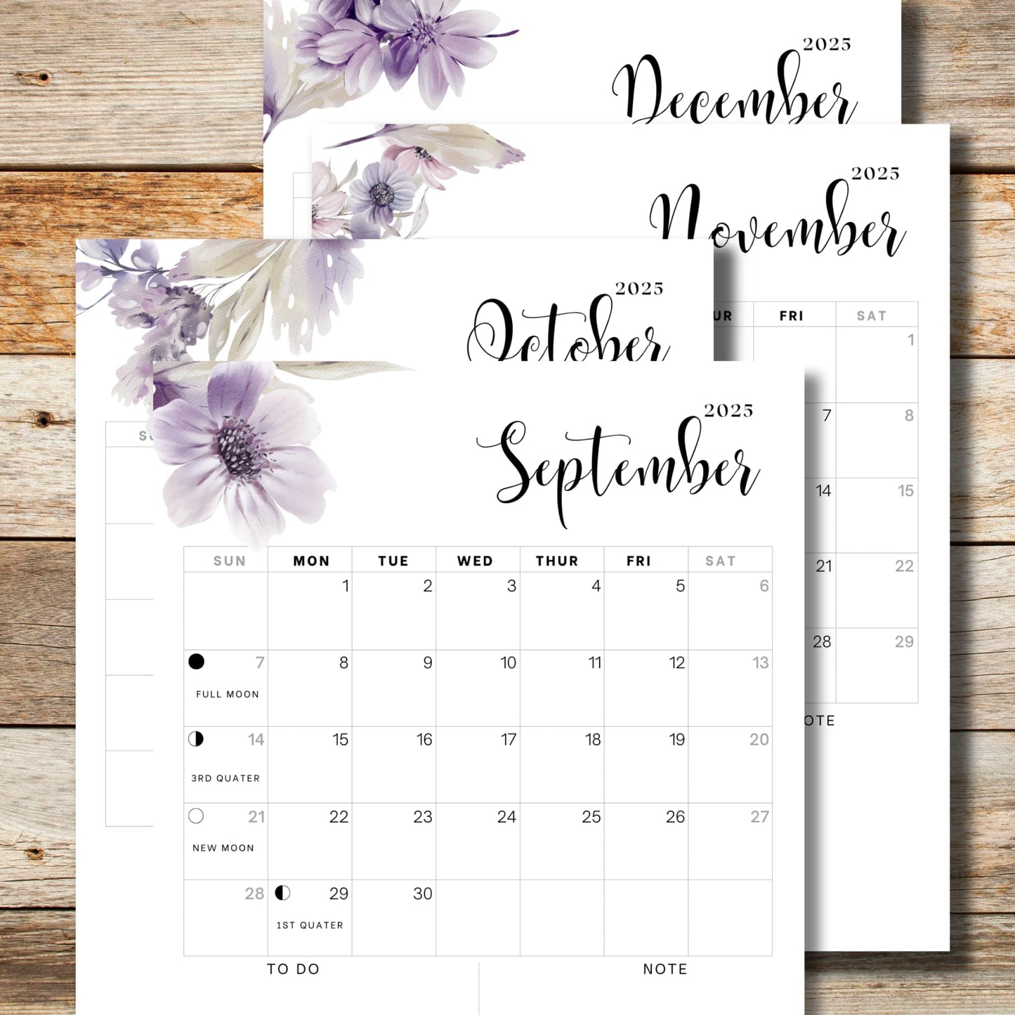 September to December 2025 calendar pages with watercolor purple flowers, moon phase tracking, and elegant calligraphy month headers, Sunday start