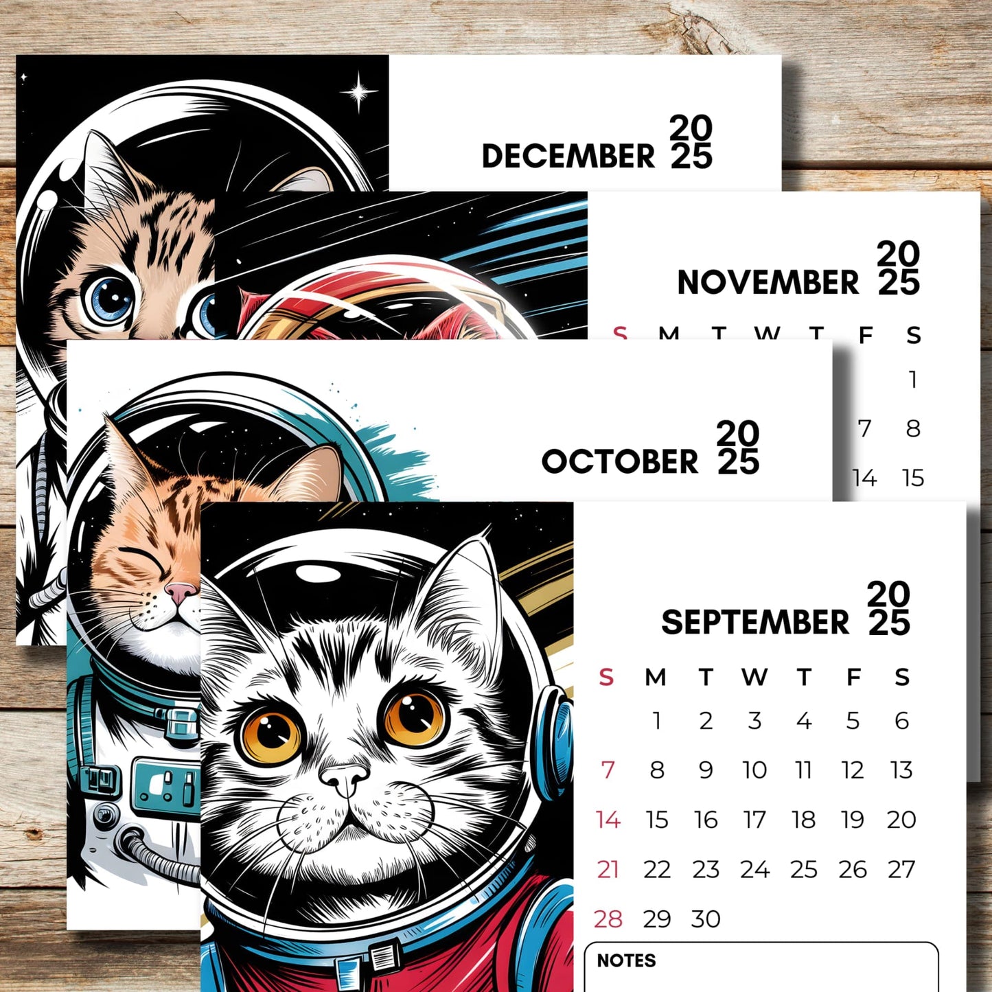 September to December 2025 calendar pages showcasing various cats in astronaut helmets, featuring black and white illustrations with teal and red accents