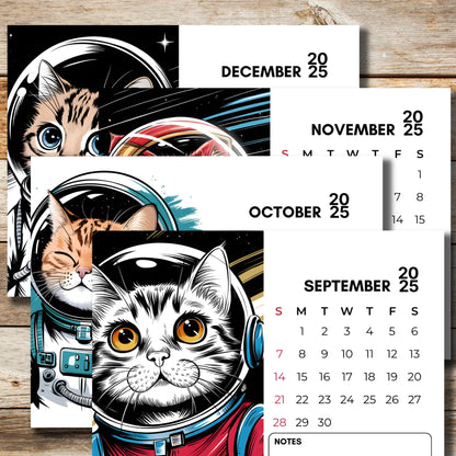 September to December 2025 calendar pages showcasing various cats in astronaut helmets, featuring black and white illustrations with teal and red accents