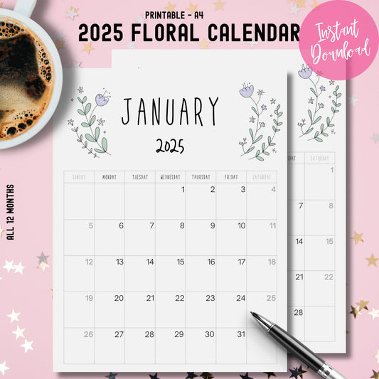 Main product cover showing January 2025 calendar preview with lavender and mint botanical illustrations, coffee cup styling and instant download badge