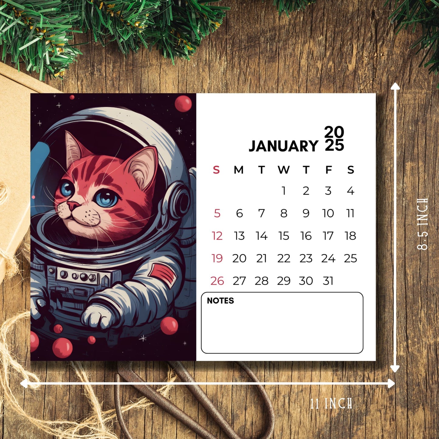 January 2025 calendar page featuring red tabby cat in white spacesuit with headphones against starry background, A4 landscape printable planner with notes section