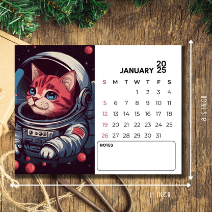 January 2025 calendar page featuring red tabby cat in white spacesuit with headphones against starry background, A4 landscape printable planner with notes section