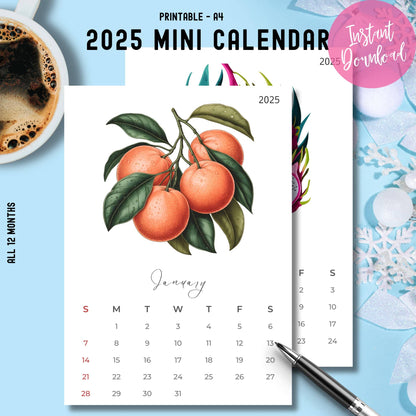 anuary 2025 mini calendar with elegant watercolor oranges illustration, A4 printable format shown with winter decorations and coffee cup, instant download badge on blue background