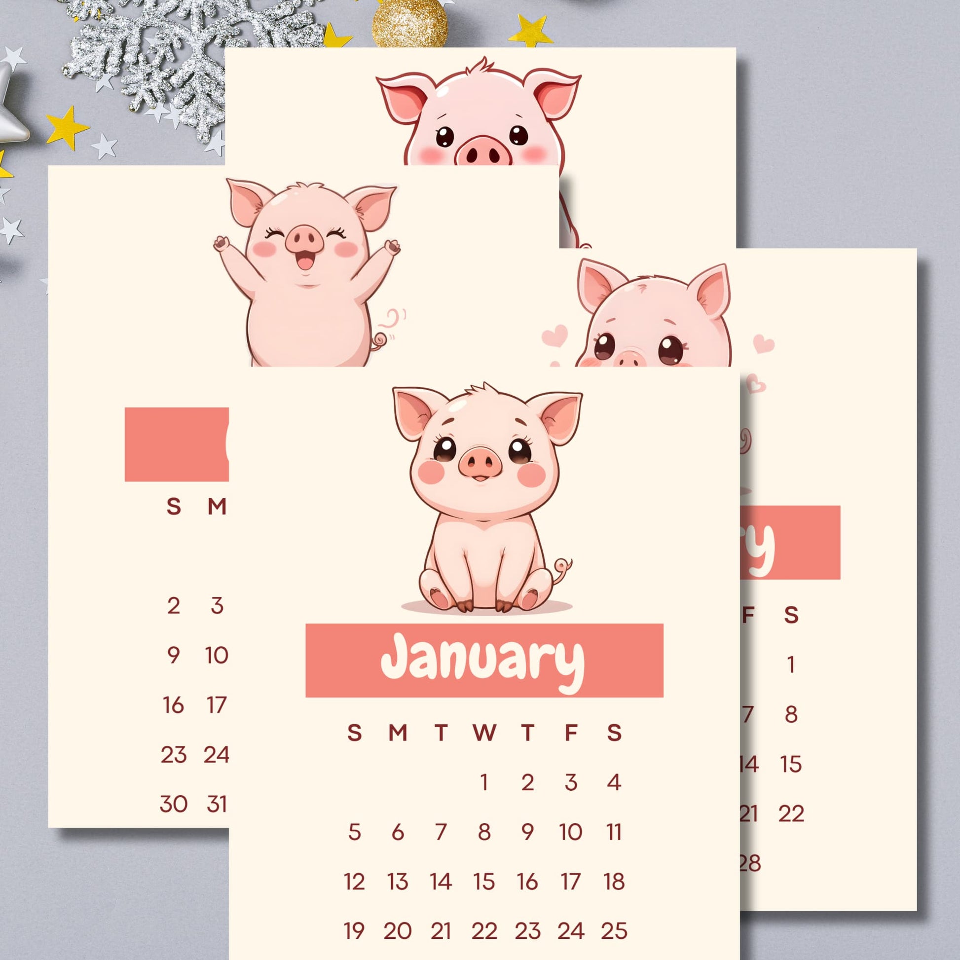 January 2025 calendar page showing multiple cute pig expressions, arranged in a decorative layout with silver snowflakes and gold star accents