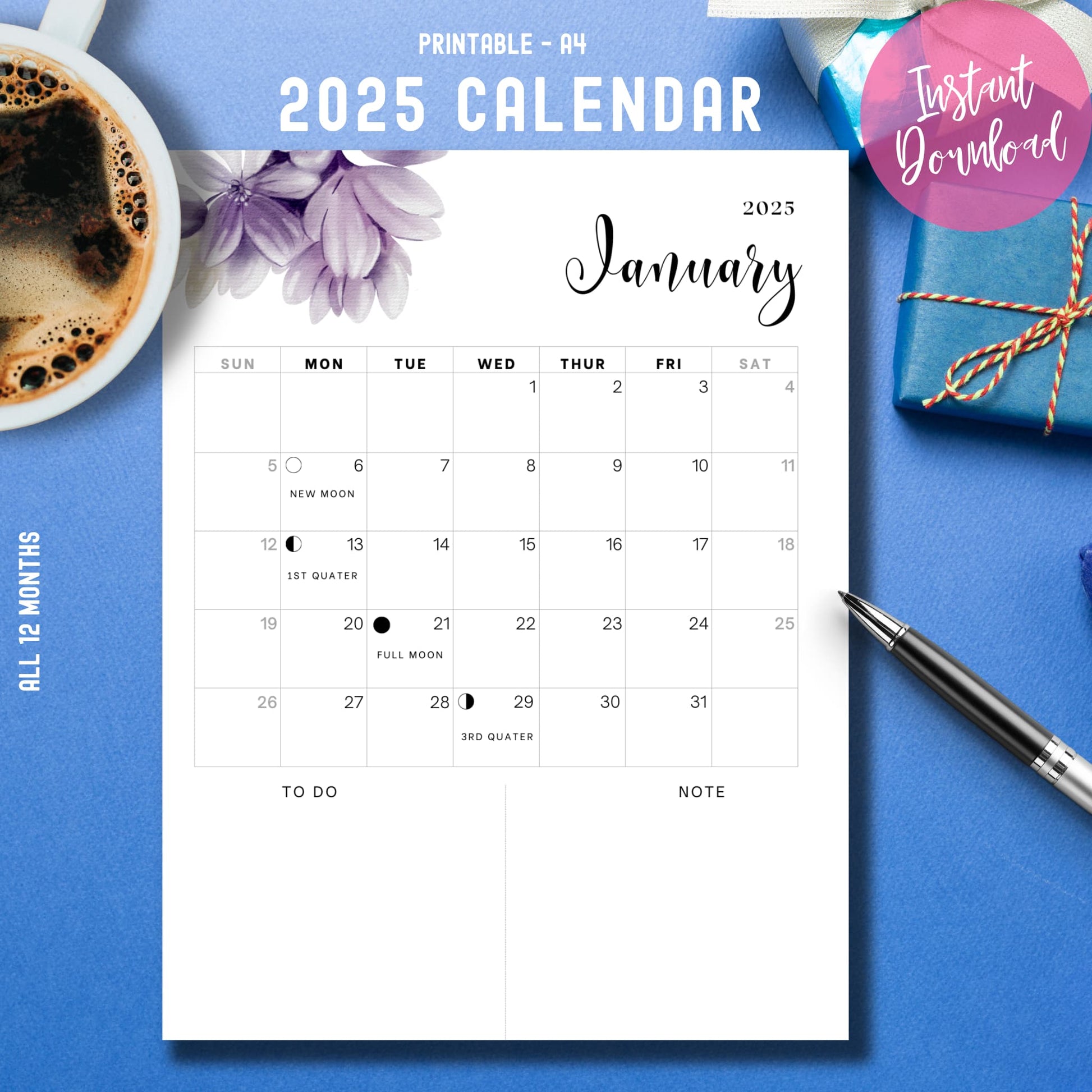 January 2025 calendar with purple flower design and moon phases, shown with coffee and stationery on blue desk, A4 size planner with to-do section