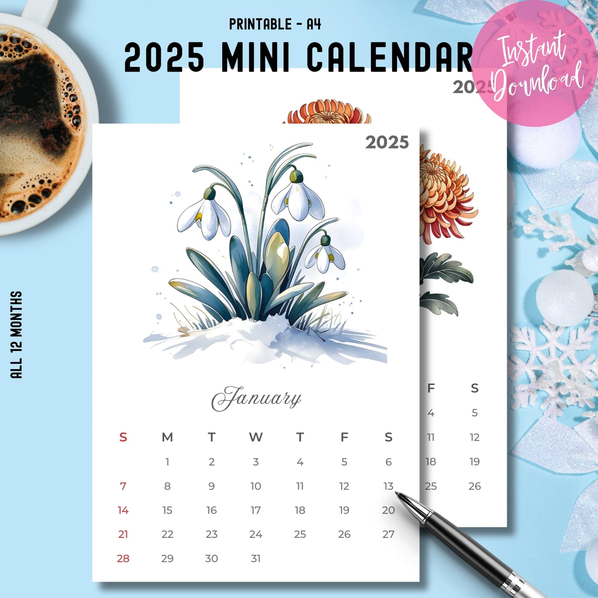 2025 mini calendar A4 printable featuring January with watercolor snowdrops in snow, instant download design with coffee cup and winter decorations, perfect for desktop planning