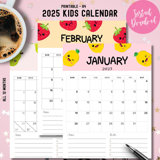 2025 Kids Calendar A4 printable preview showing January calendar with lemon illustrations and February calendar with strawberry designs. Product mockup displays completed calendar grid layouts with notes sections and instant download badge on pink background.