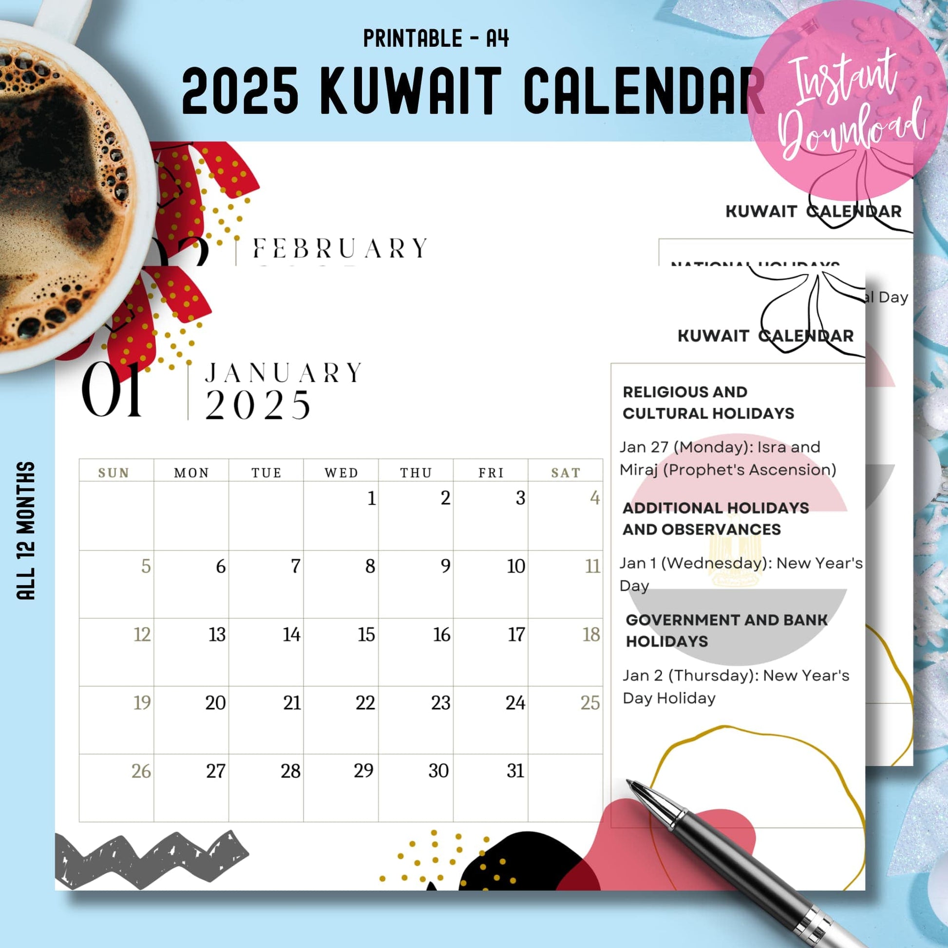 Main product cover showing January 2025 Kuwait calendar with religious and cultural holidays, coffee styling, and instant download badge